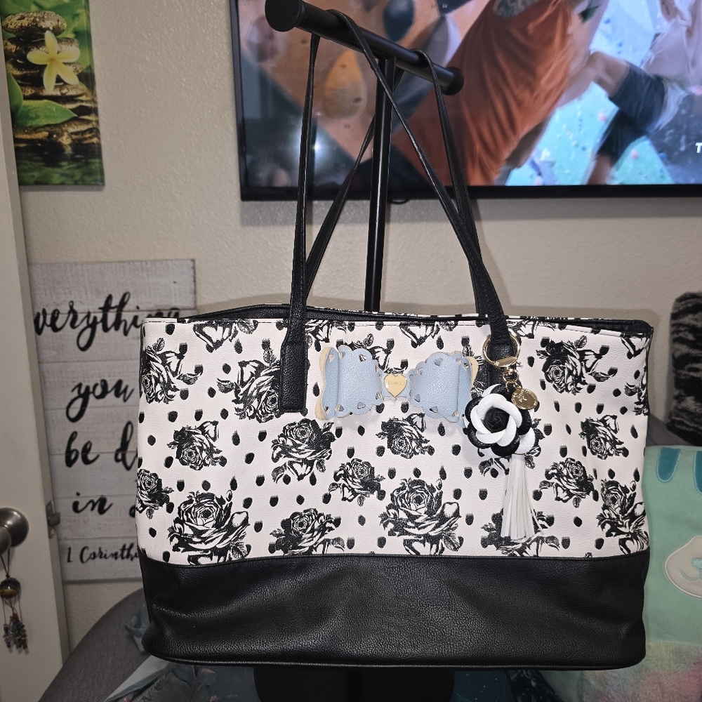 Betsey Johnson Black and White Floral Tote with Bow Charm